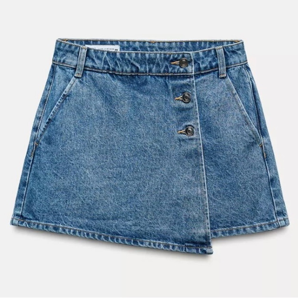 Zara denim wrap skirt Skort Washed effect Rigid denim Womens M Pockets High rise